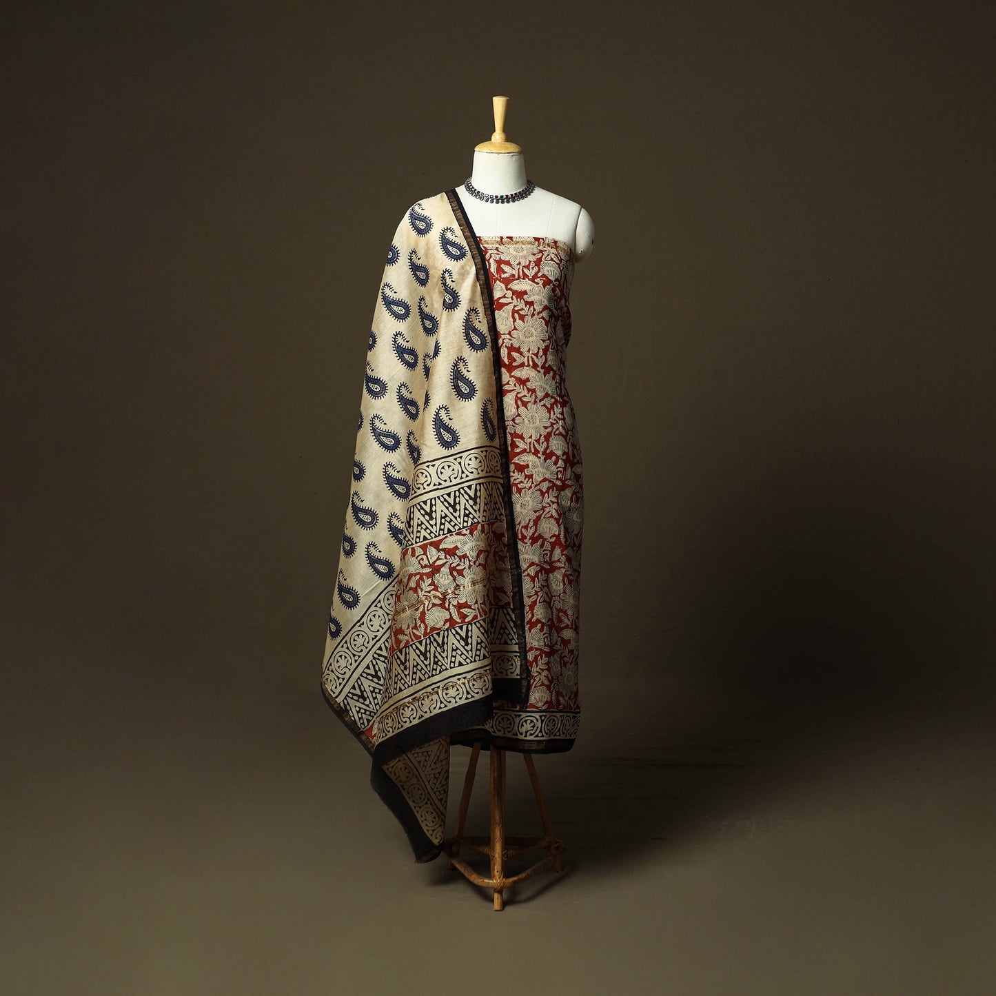 Chanderi silk hand block bagru print 3pc unstitched dress
