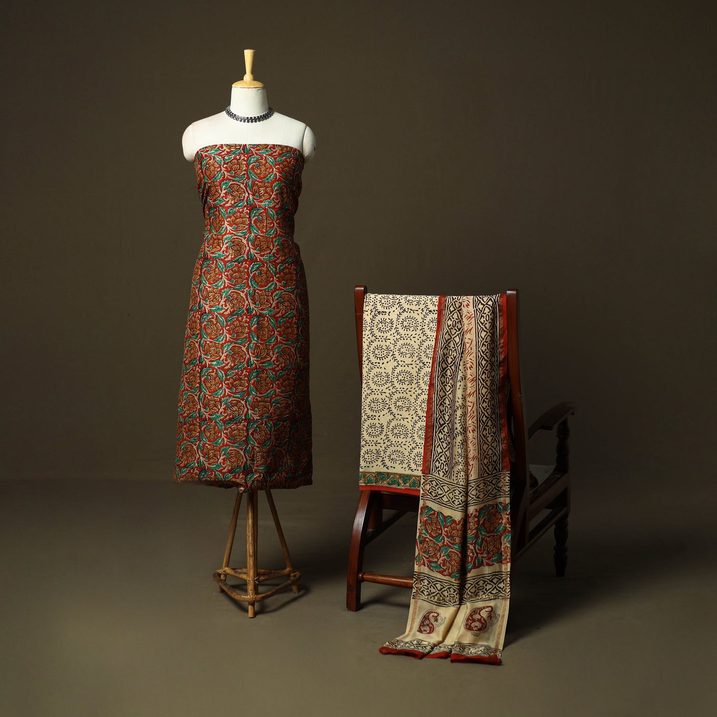 Chanderi silk hand block bagru print 3pc unstitched dress