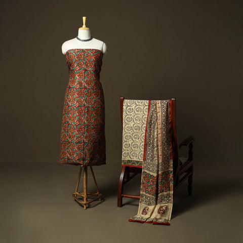 Chanderi silk hand block bagru print 3pc unstitched dress