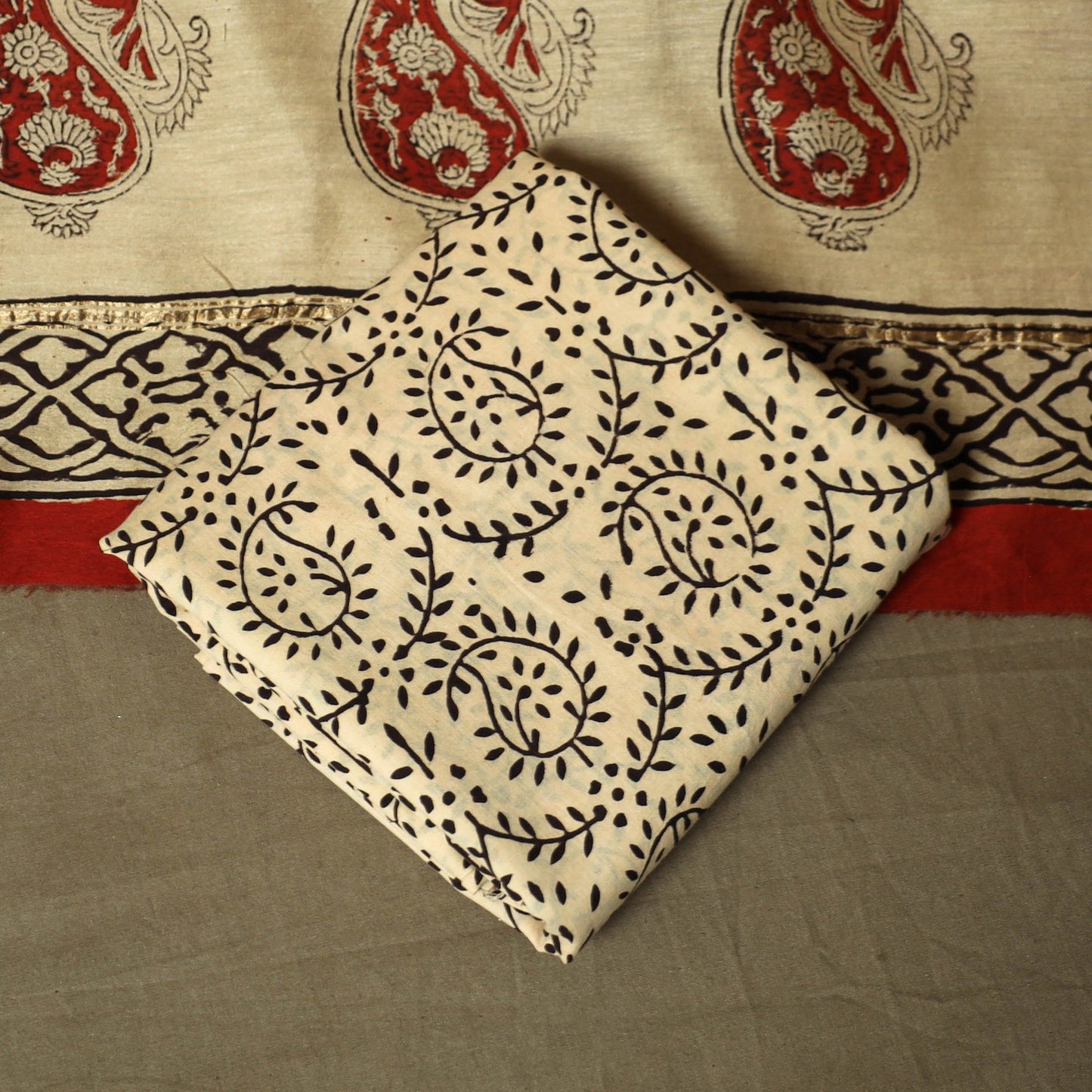 Chanderi silk hand block bagru print 3pc unstitched dress