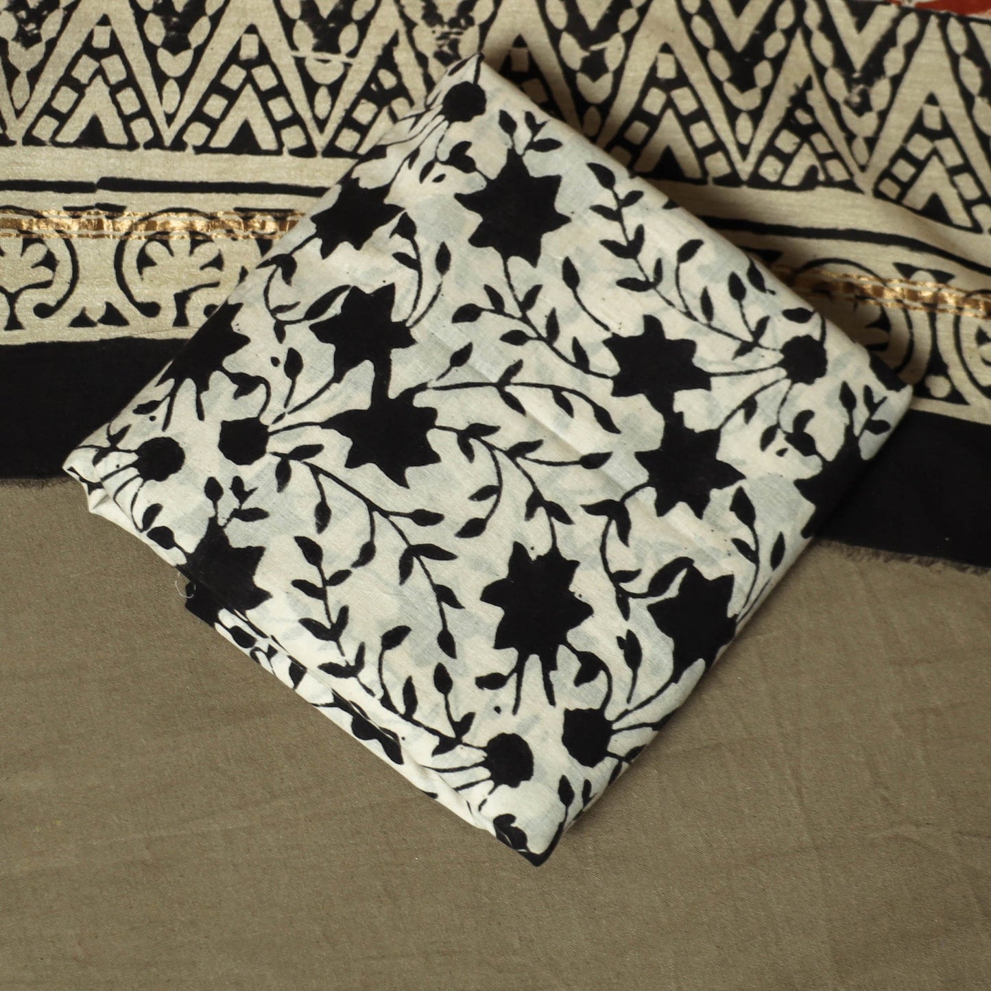 Chanderi silk hand block bagru print 3pc unstitched dress