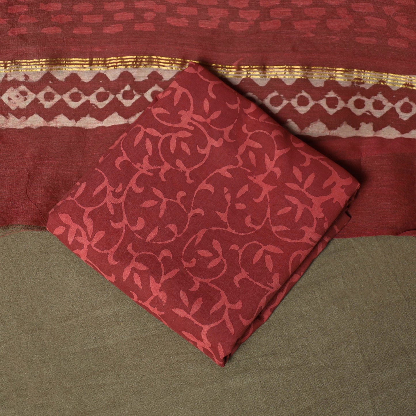 Chanderi silk hand block bagru print 3pc unstitched dress