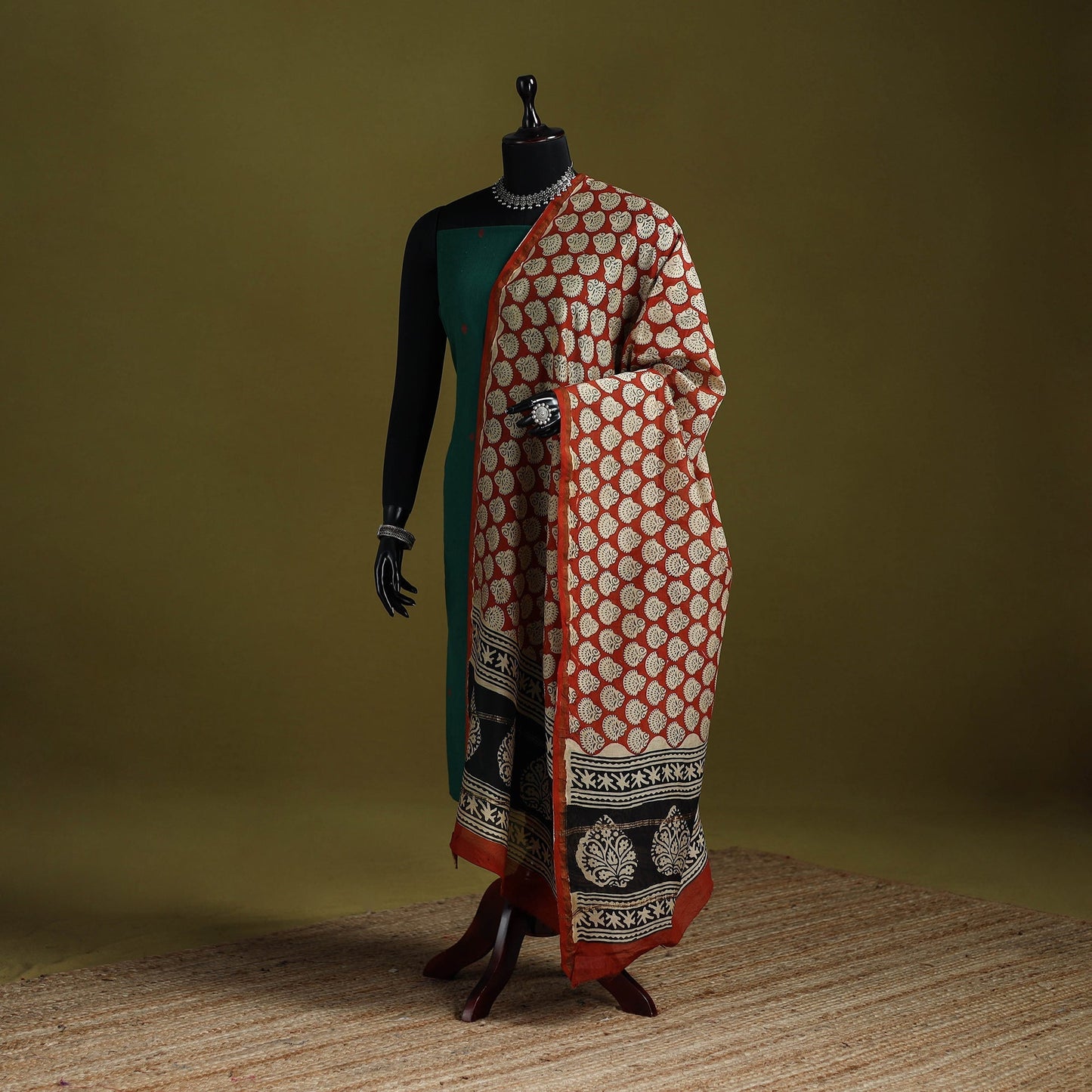 Red - chanderi silk hand bagru dupatta with zari border 22