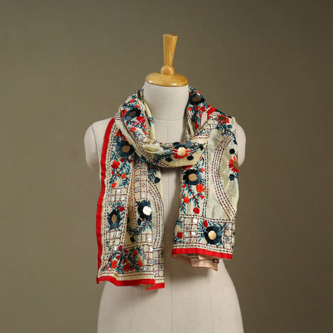 Red Chanderi Silk Hand Embroidered Stole