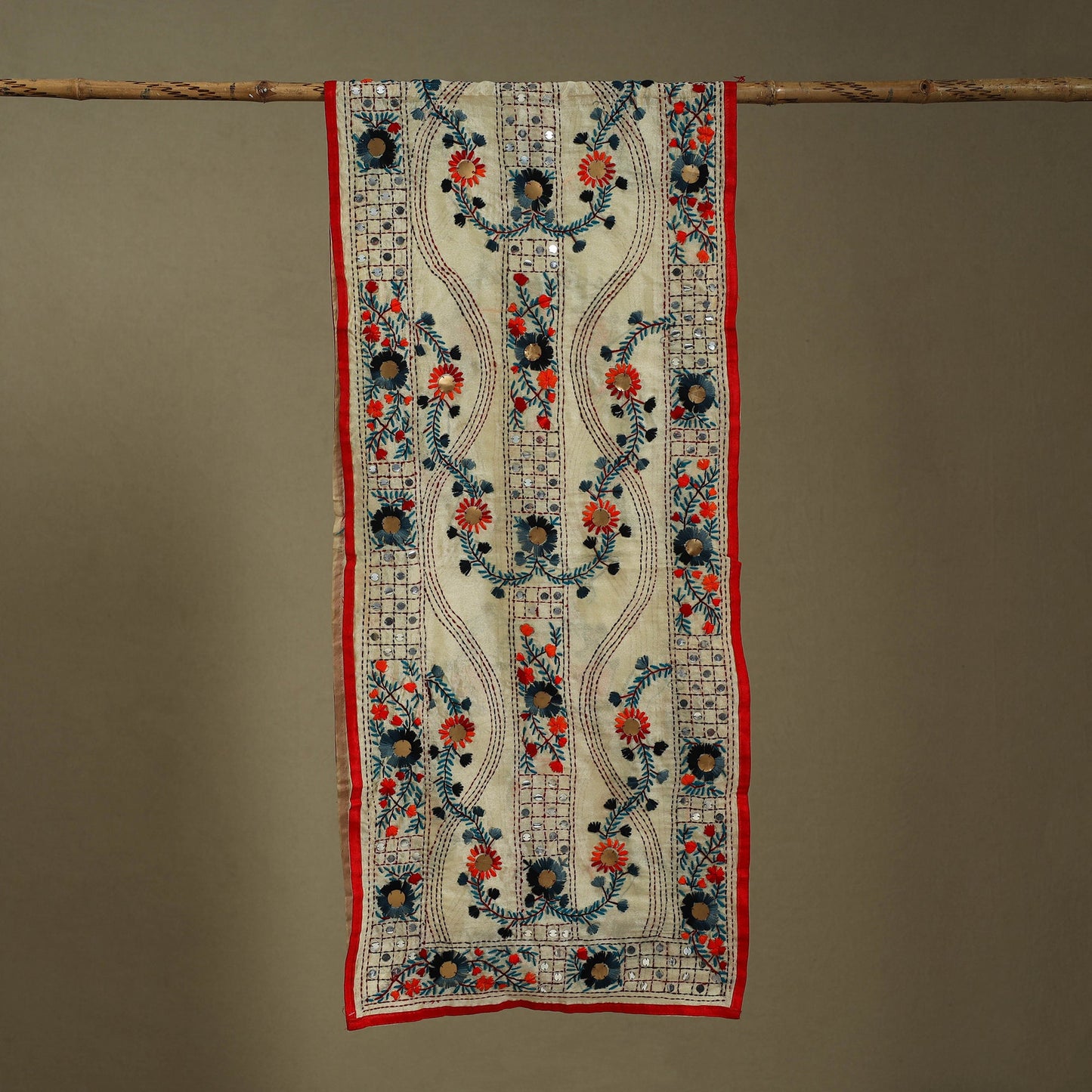 Red Chanderi Silk Hand Embroidered Stole