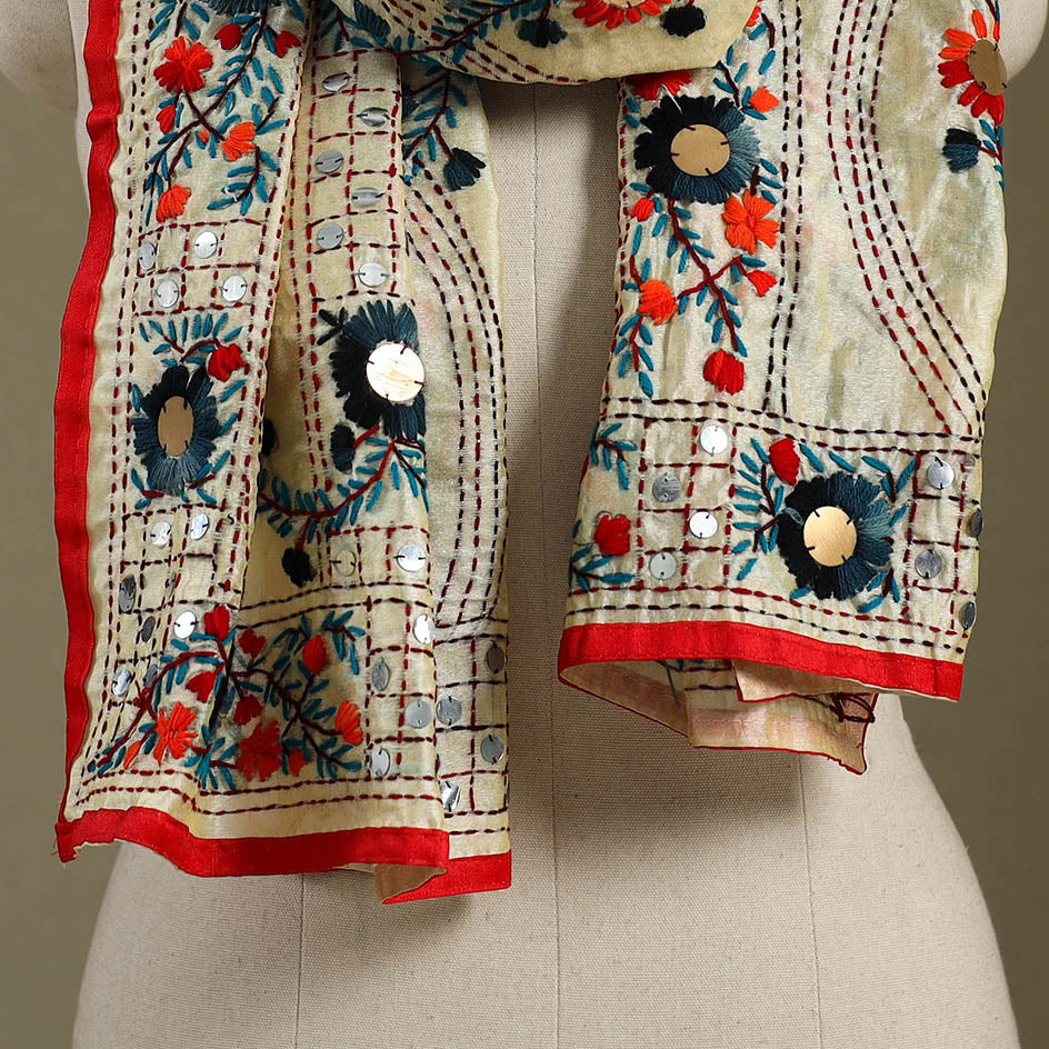 Red Chanderi Silk Hand Embroidered Stole
