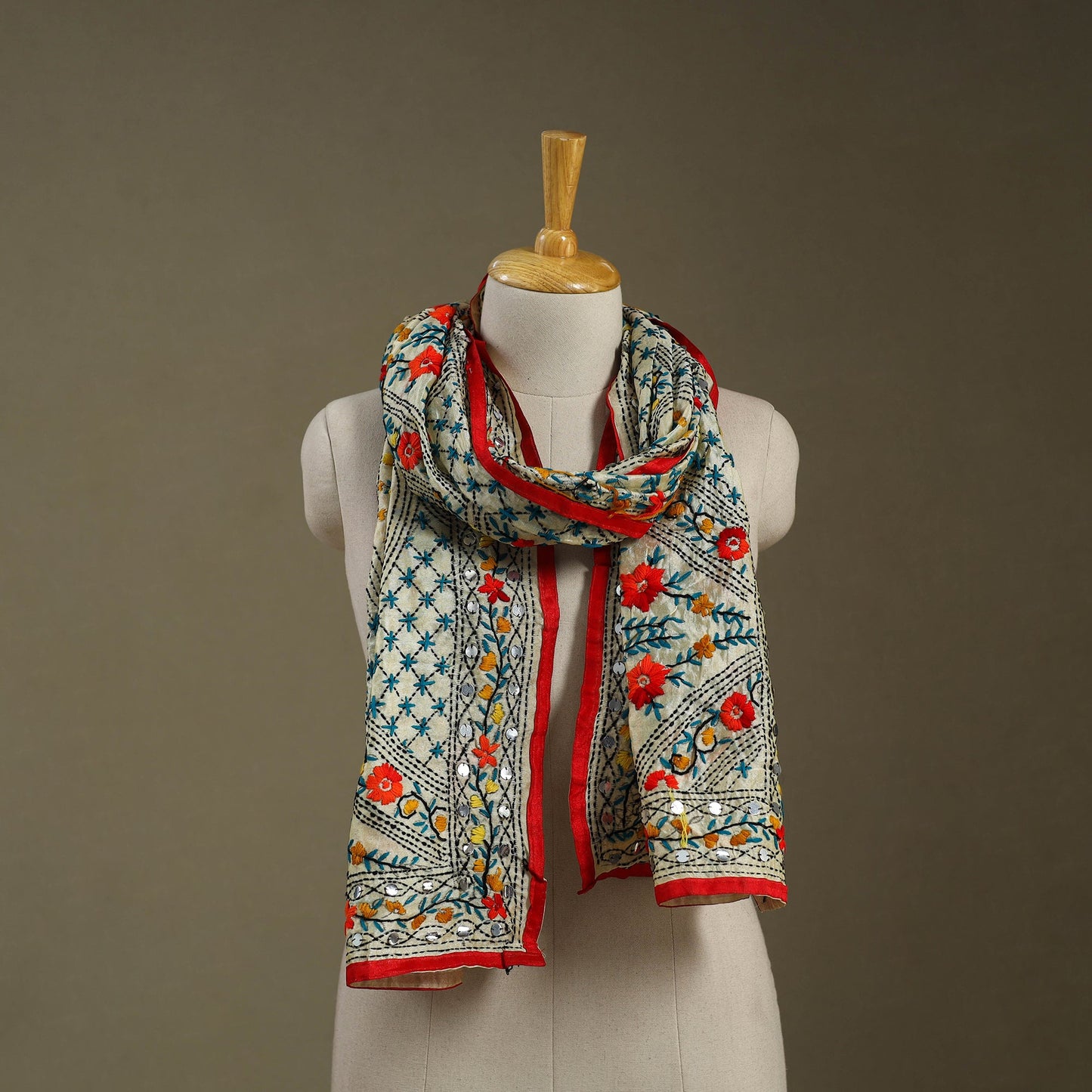 Red Chanderi Silk Hand Embroidered Stole