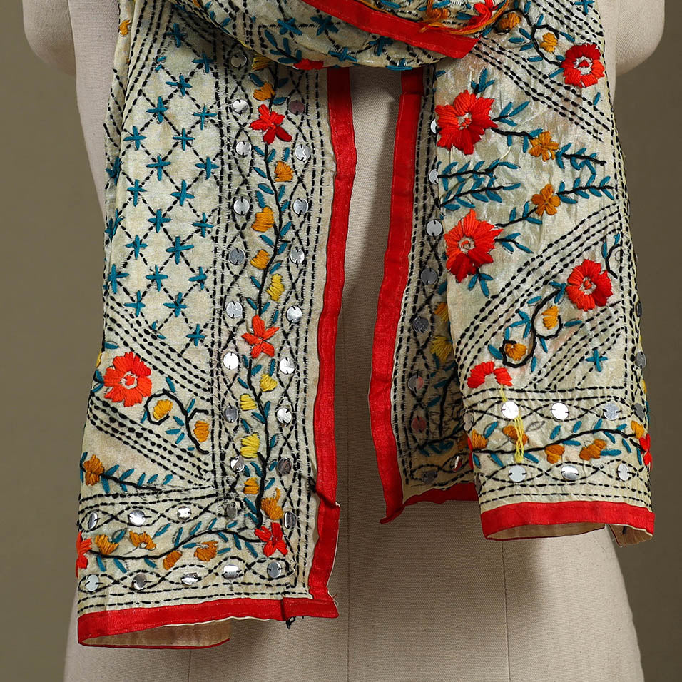 Red Chanderi Silk Hand Embroidered Stole