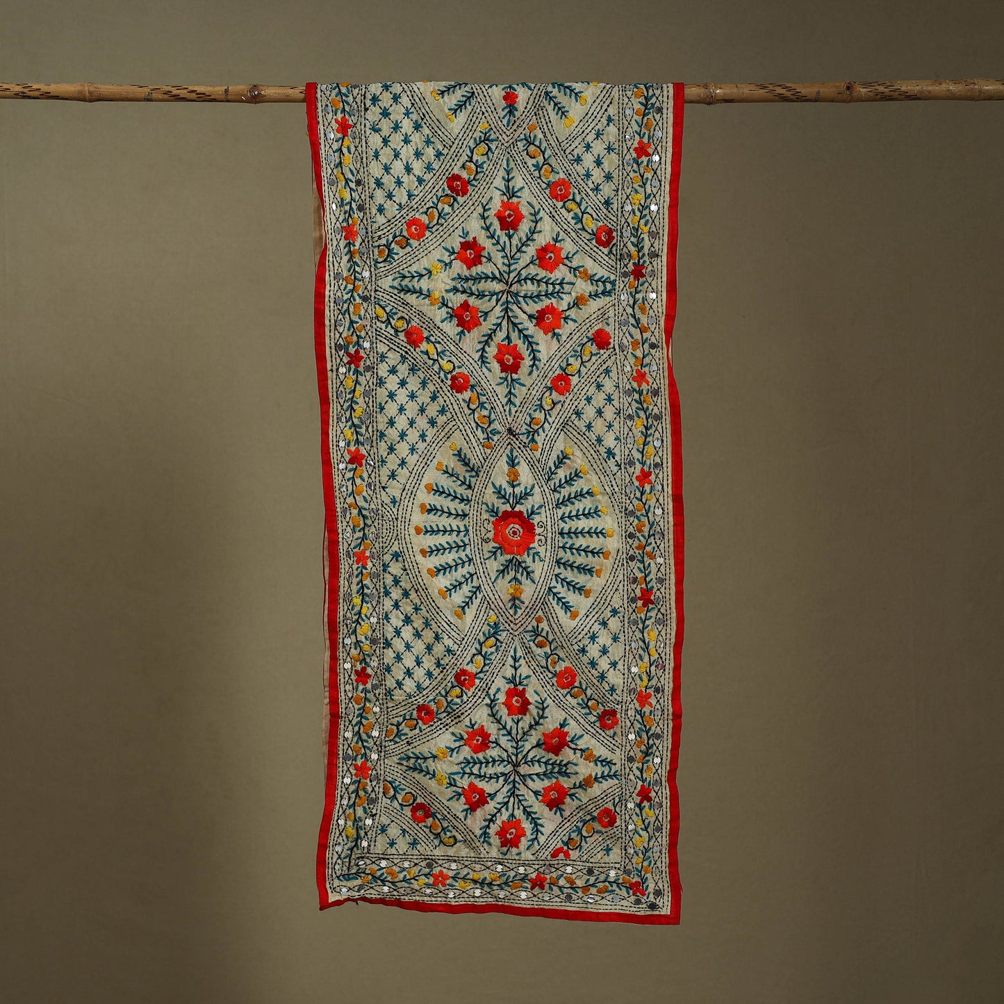Red Chanderi Silk Hand Embroidered Stole