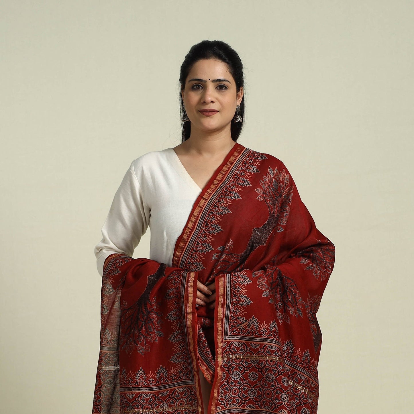 Buy Red Block Print Chanderi Silk Handloom Ajrakh Dupatta