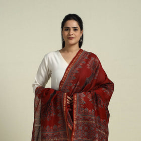 Buy Red Block Print Chanderi Silk Handloom Ajrakh Dupatta