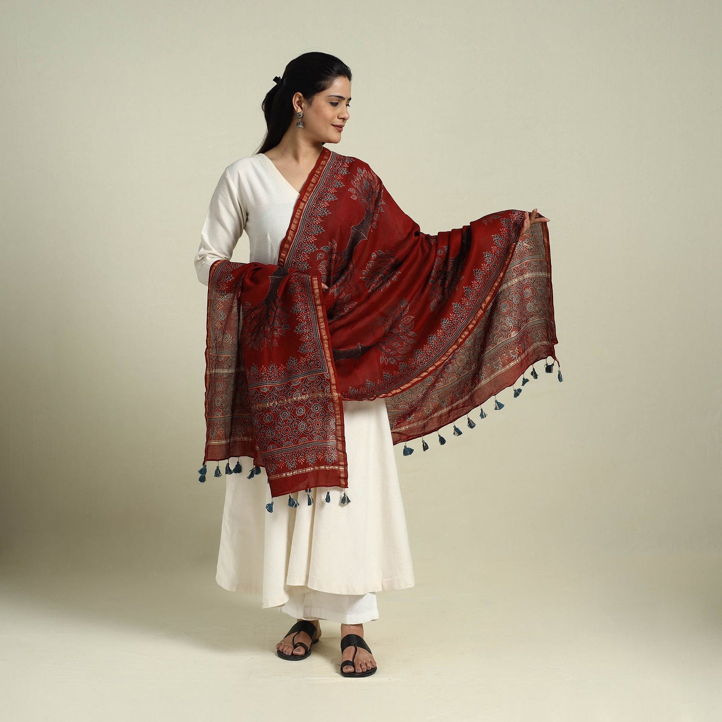 Buy Red Block Print Chanderi Silk Handloom Ajrakh Dupatta