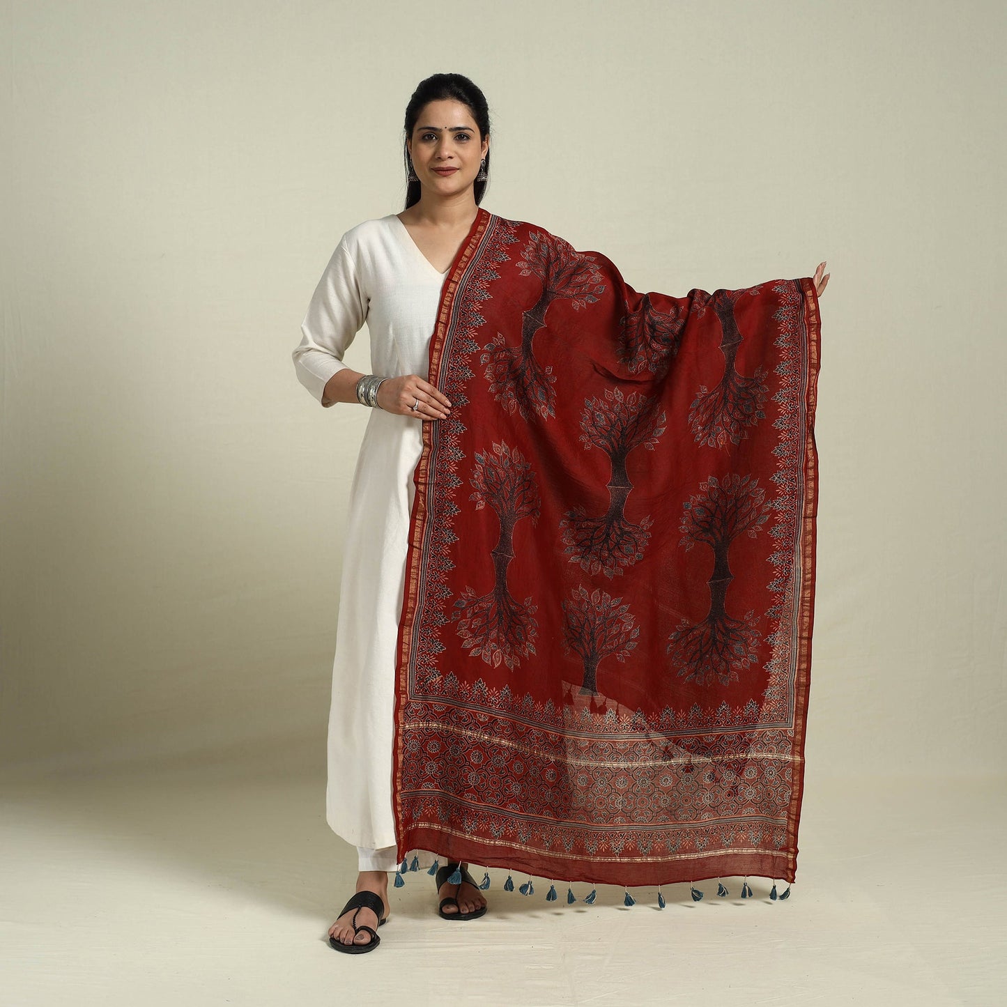 Buy Red Block Print Chanderi Silk Handloom Ajrakh Dupatta