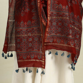 Buy Red Block Print Chanderi Silk Handloom Ajrakh Dupatta