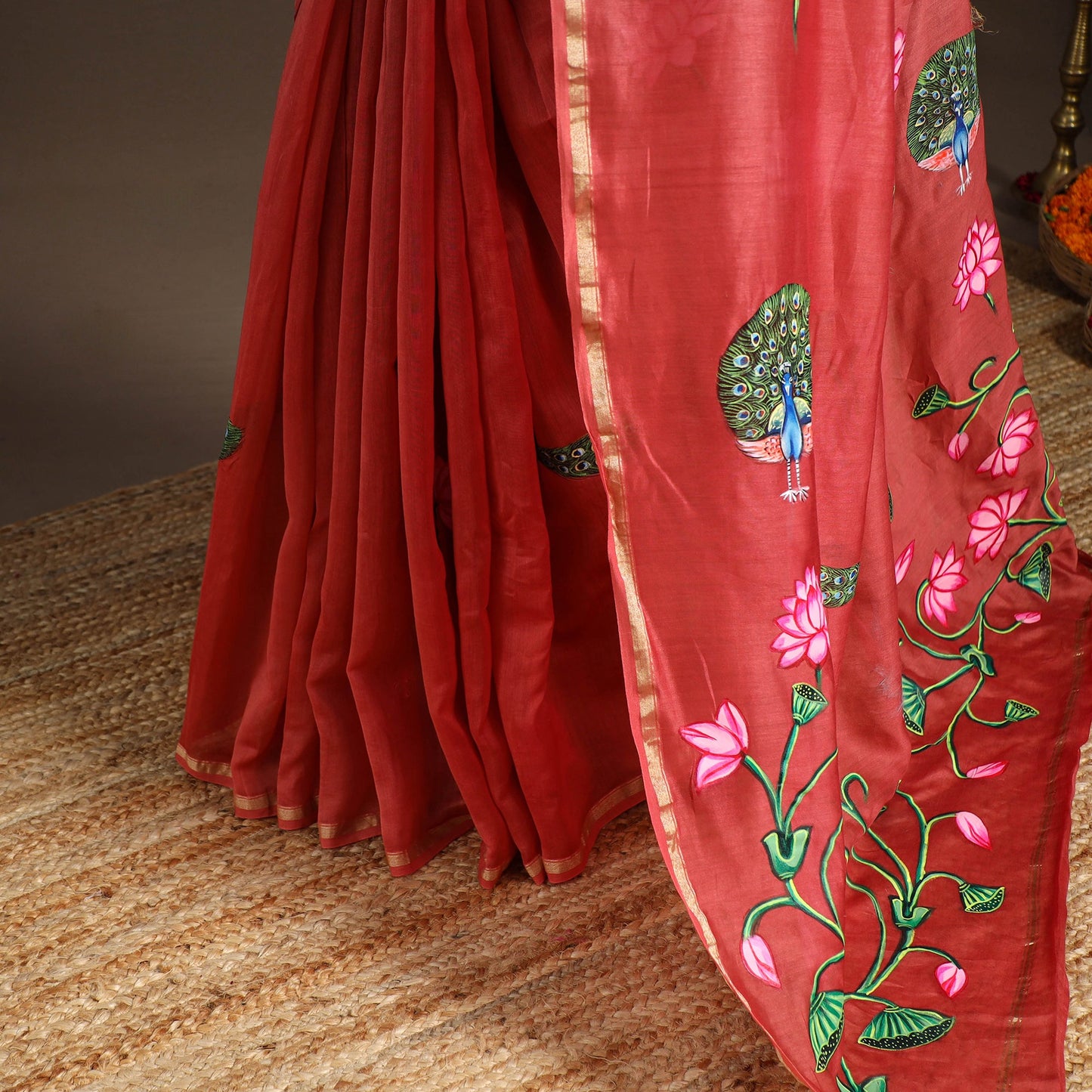 Red - chanderi silk handpainted pichwai saree 04