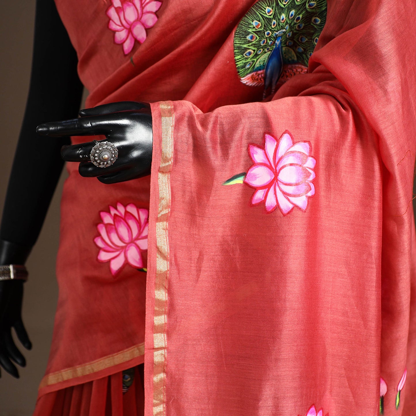 Red - chanderi silk handpainted pichwai saree 04