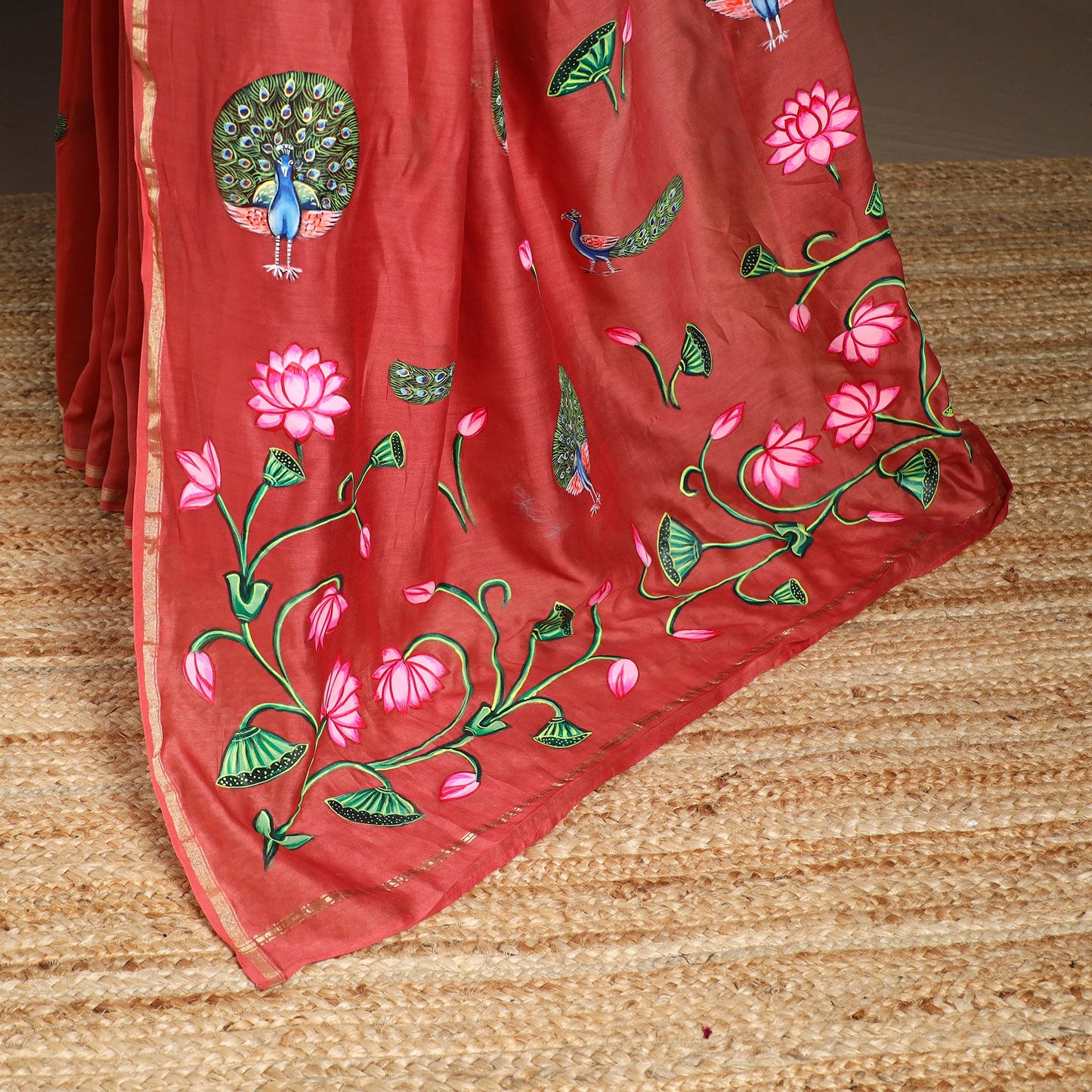 Red - chanderi silk handpainted pichwai saree 04