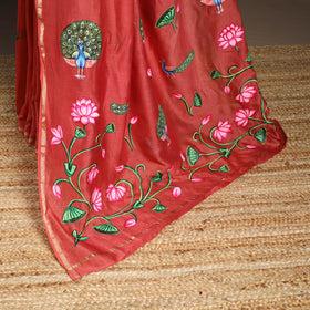 Red - chanderi silk handpainted pichwai saree 04