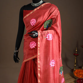 Red - chanderi silk handpainted pichwai saree 04