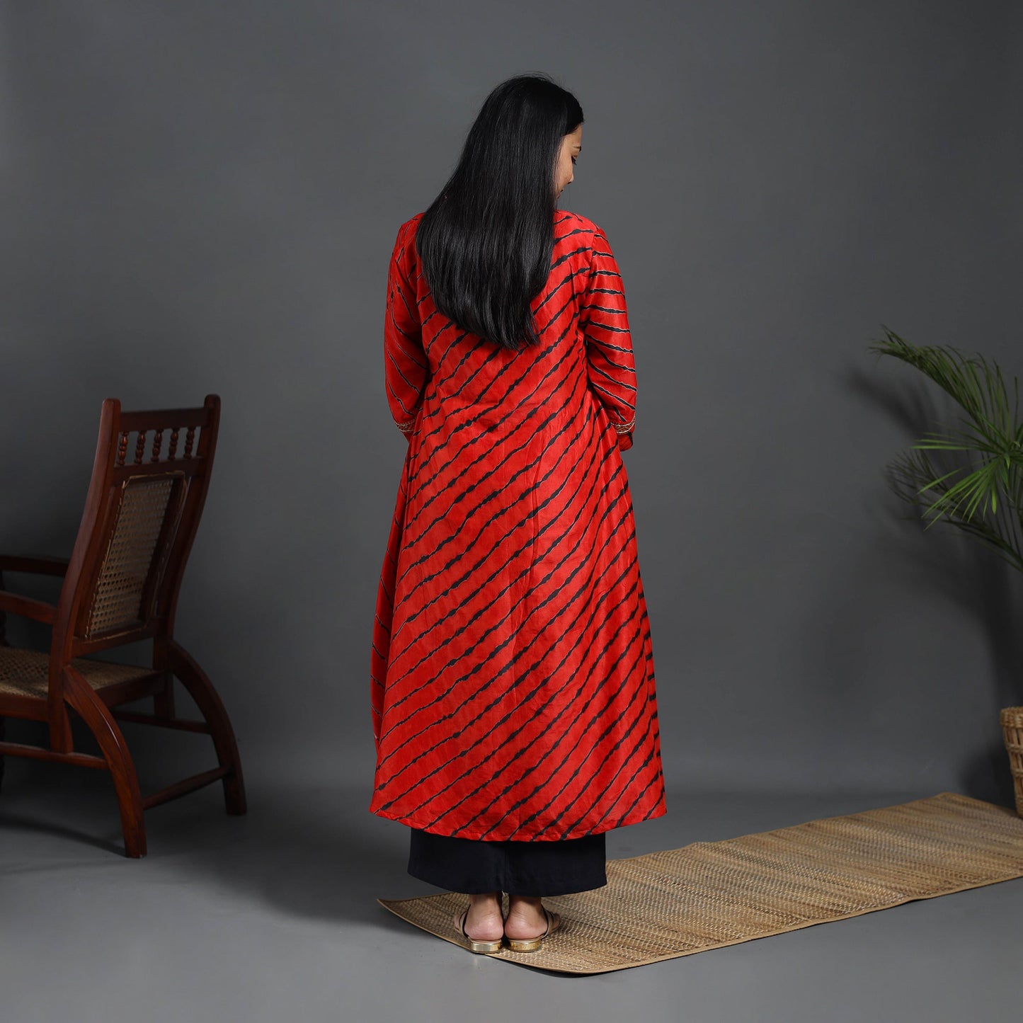 Red Chanderi Silk A-Line Lacework Tie-Dye Leheriya Kurta for Women