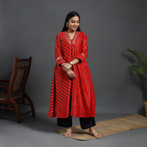 Red Chanderi Silk A-Line Lacework Tie-Dye Leheriya Kurta for Women