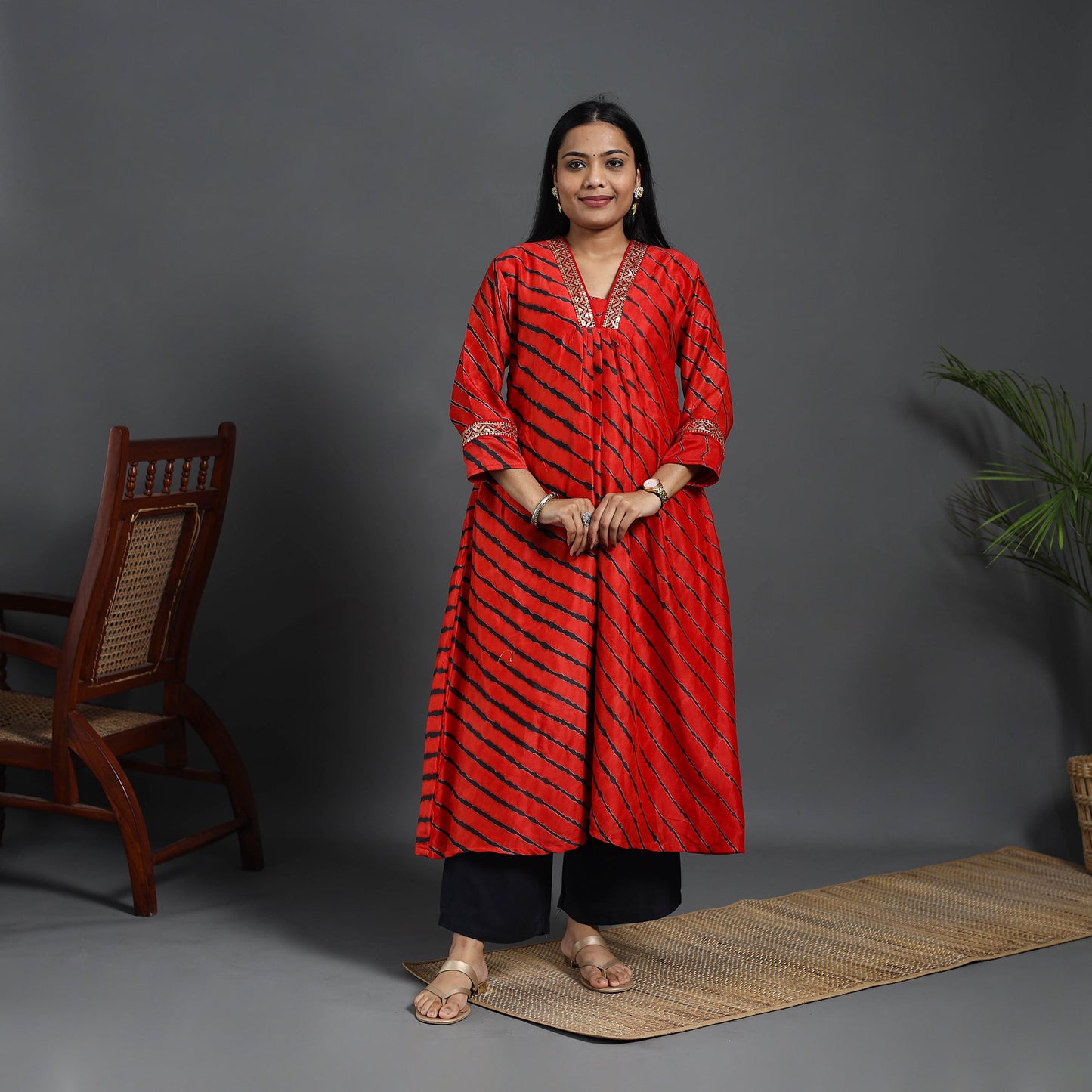 Red Chanderi Silk A-Line Lacework Tie-Dye Leheriya Kurta for Women