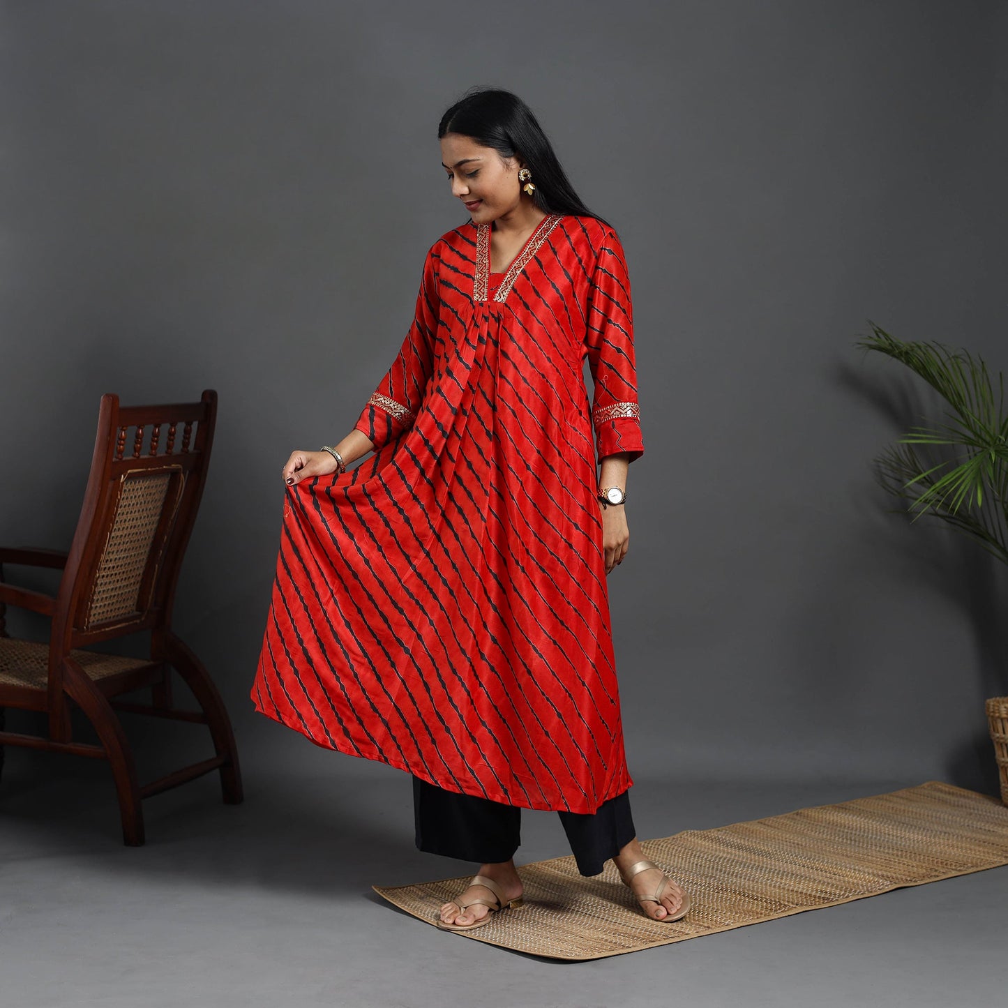 Red Chanderi Silk A-Line Lacework Tie-Dye Leheriya Kurta for Women