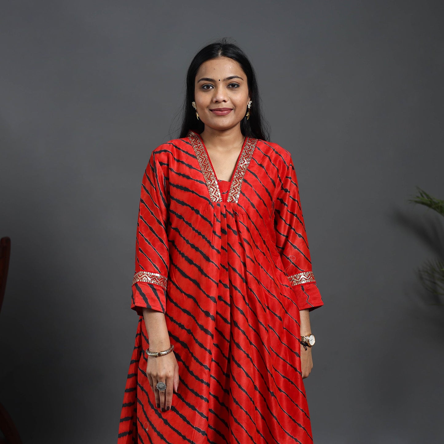 Red Chanderi Silk A-Line Lacework Tie-Dye Leheriya Kurta for Women