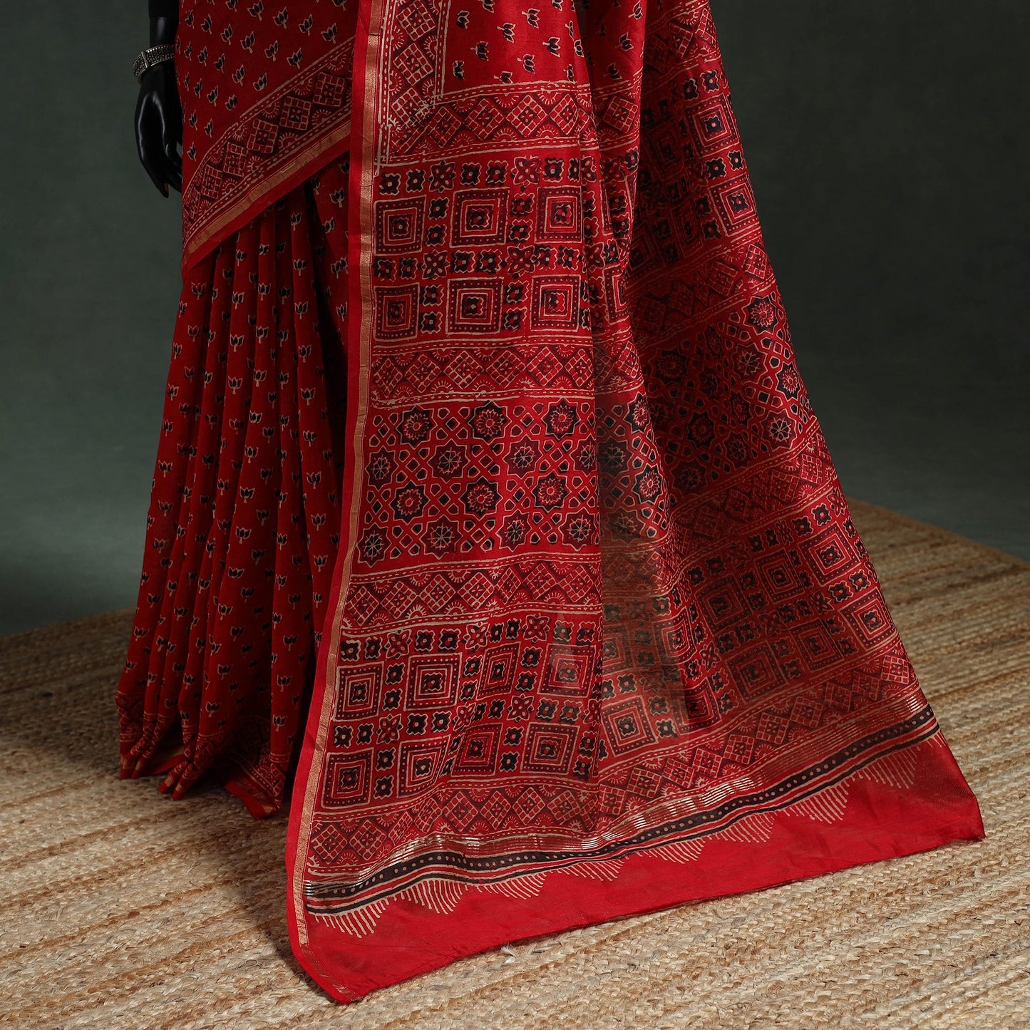 Chanderi silk natural dyed hand block print ajrakh saree 84