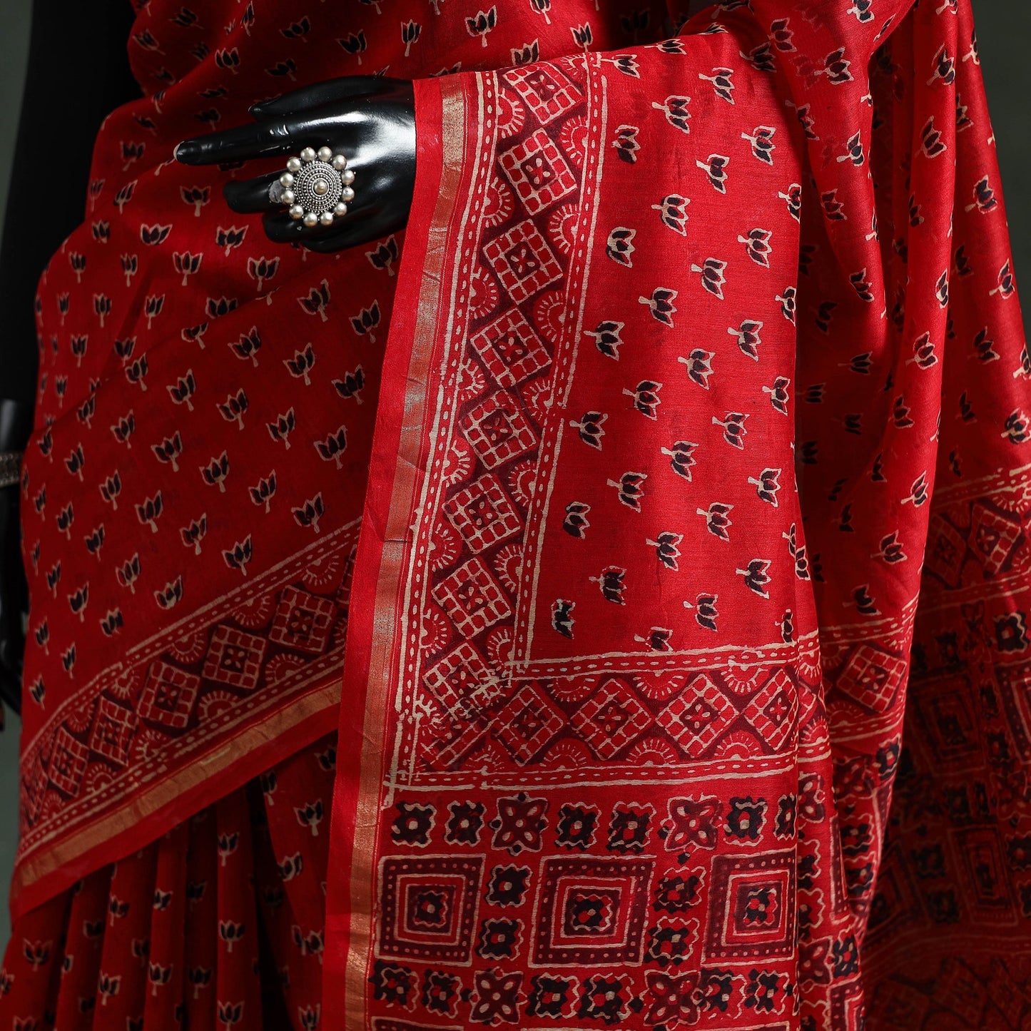 Chanderi silk natural dyed hand block print ajrakh saree 84