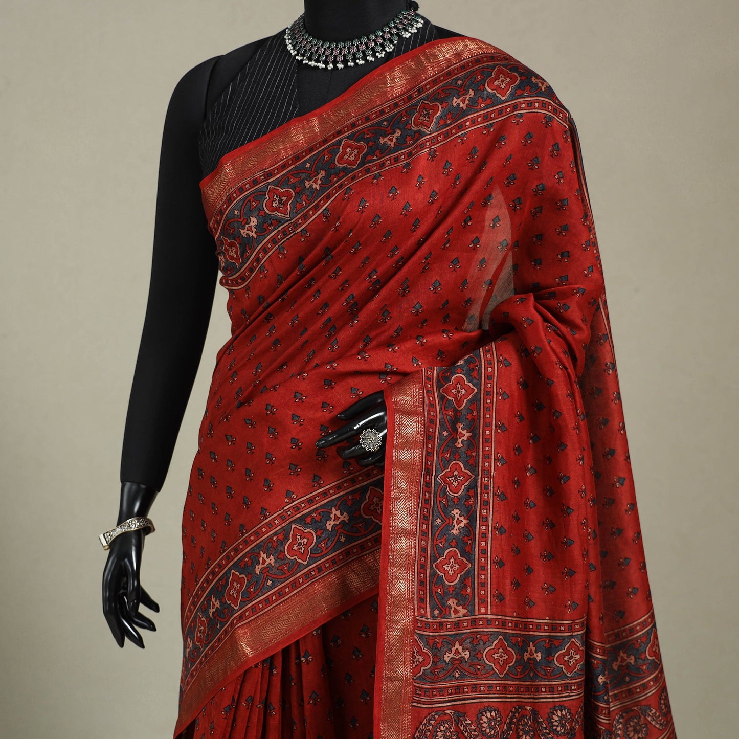 Chanderi Silk Natural Dyed Zari Border Ajrakh Print Saree