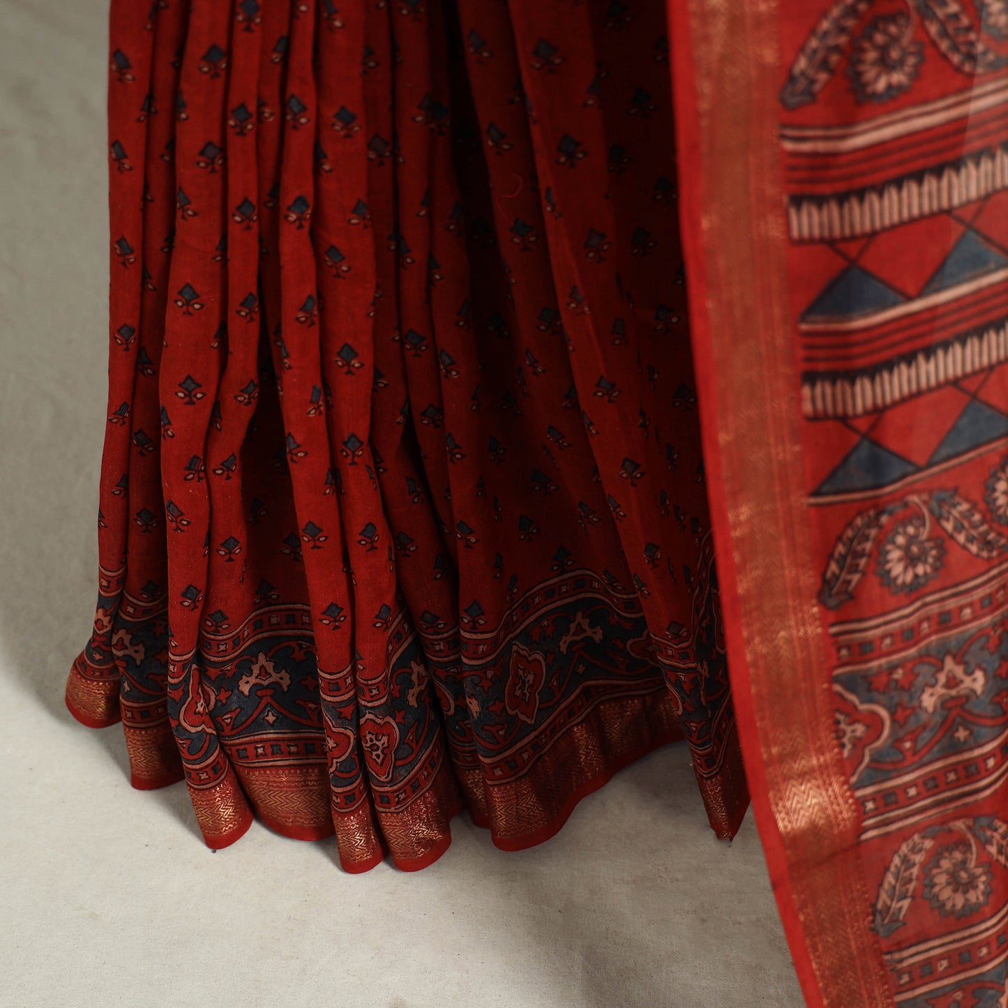 Chanderi Silk Natural Dyed Zari Border Ajrakh Print Saree