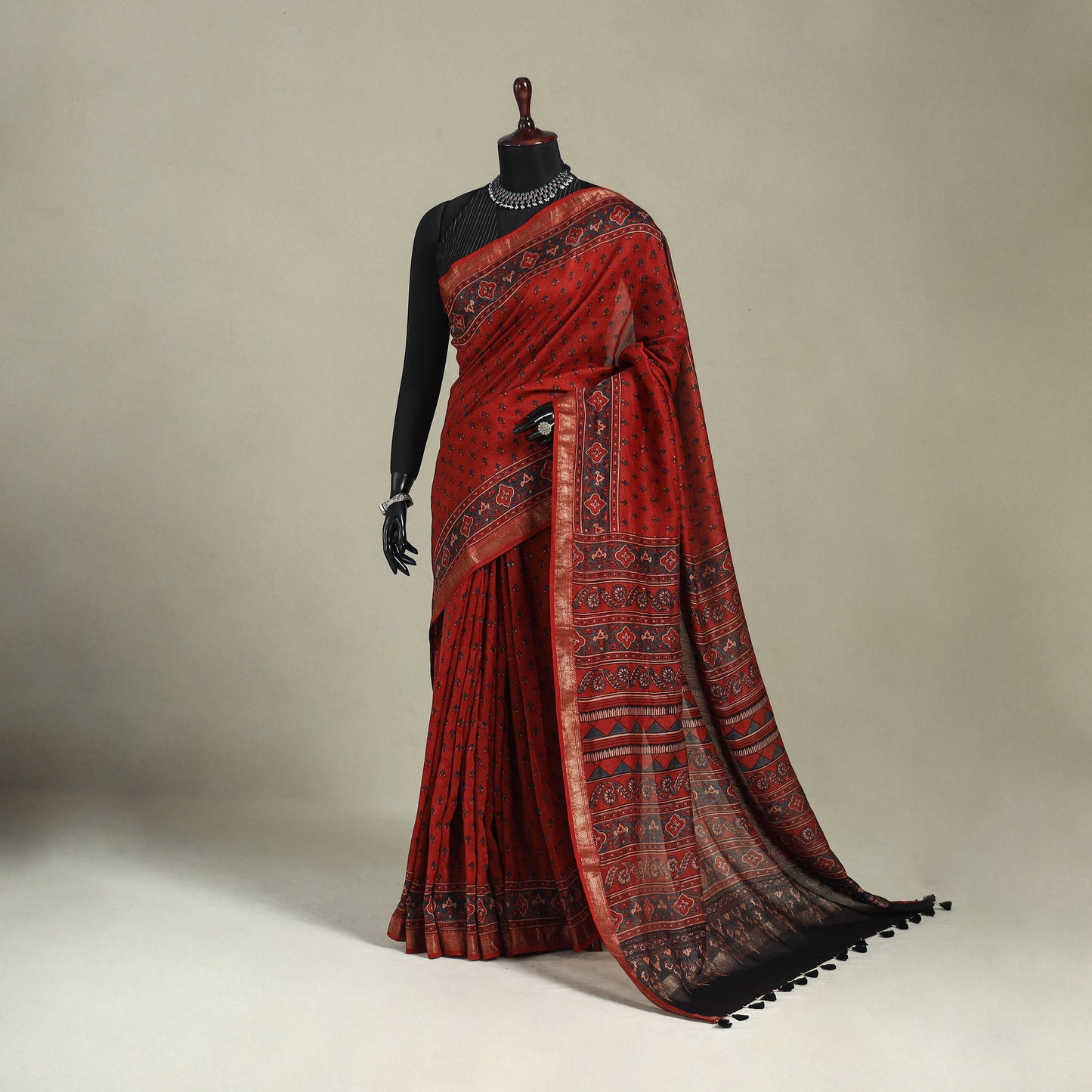 Chanderi Silk Natural Dyed Zari Border Ajrakh Print Saree