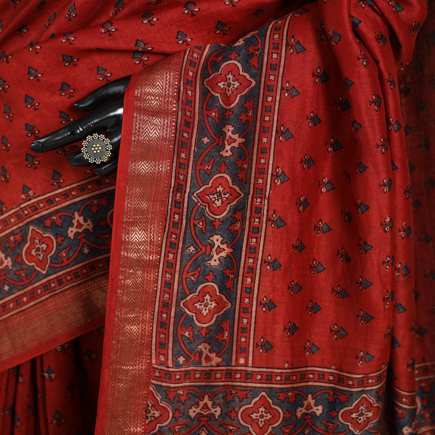 Chanderi Silk Natural Dyed Zari Border Ajrakh Print Saree