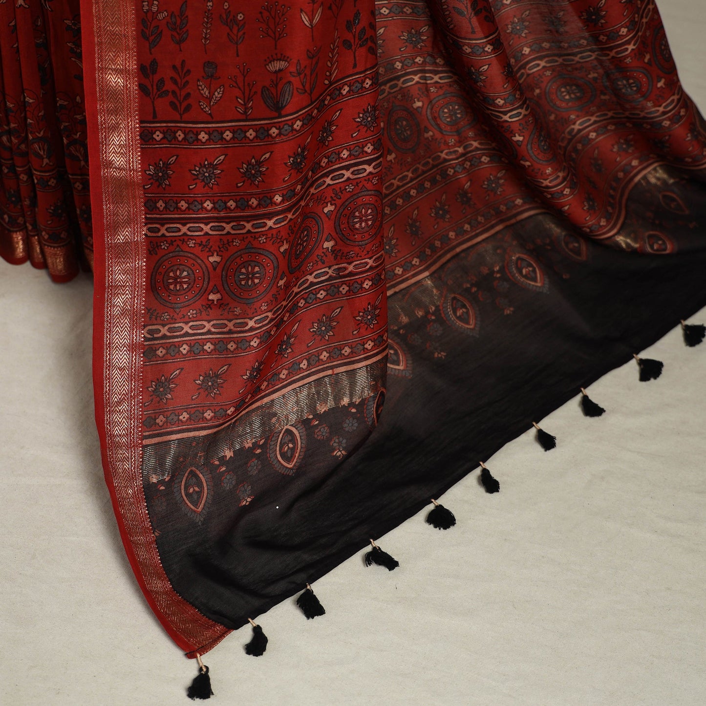 Chanderi Silk Natural Dyed Zari Border Ajrakh Print Saree