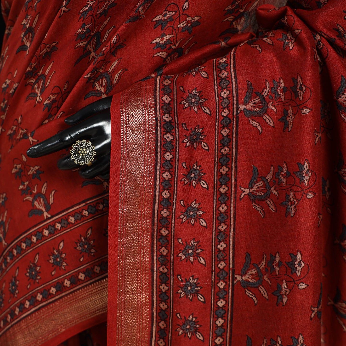 Chanderi Silk Natural Dyed Zari Border Ajrakh Print Saree