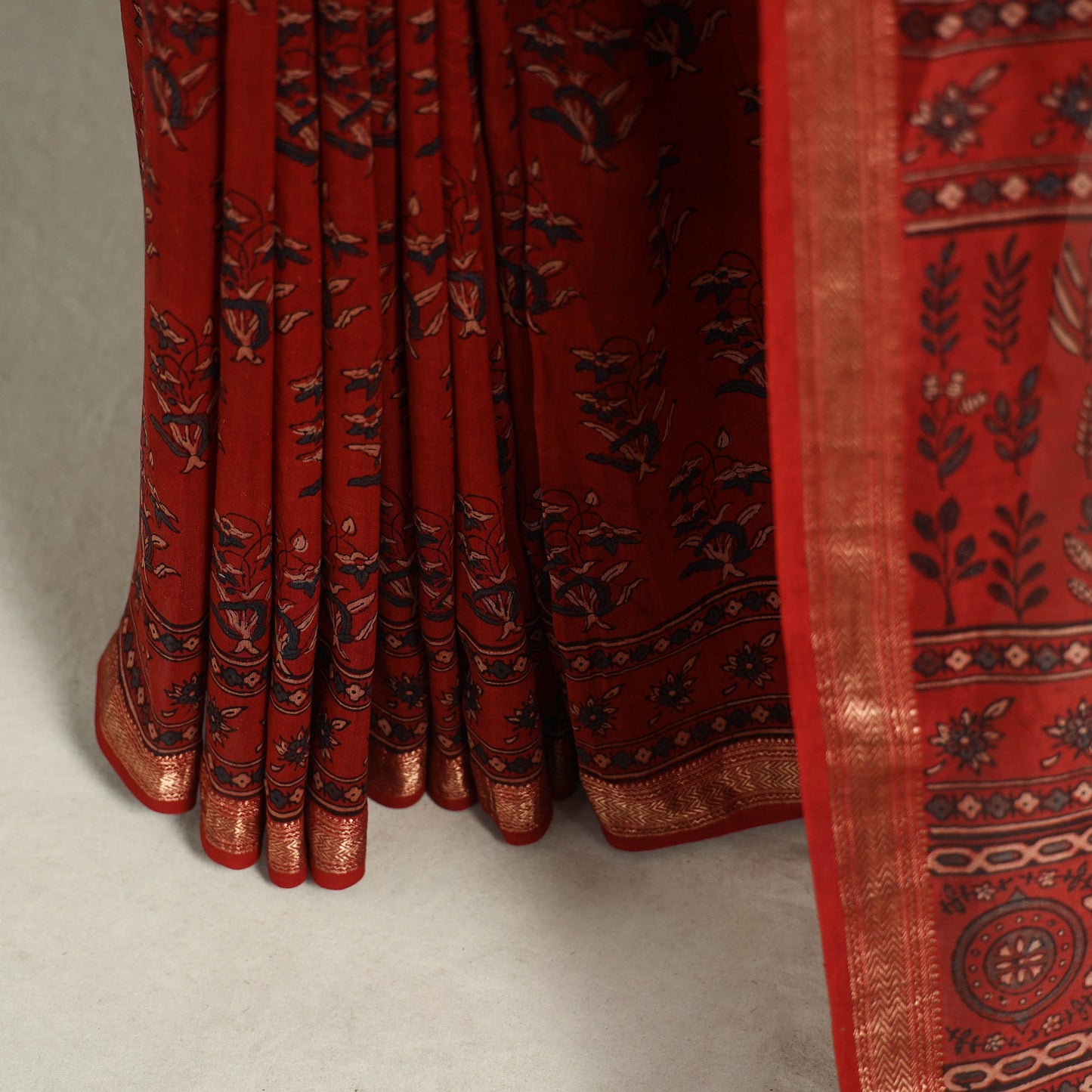 Chanderi Silk Natural Dyed Zari Border Ajrakh Print Saree