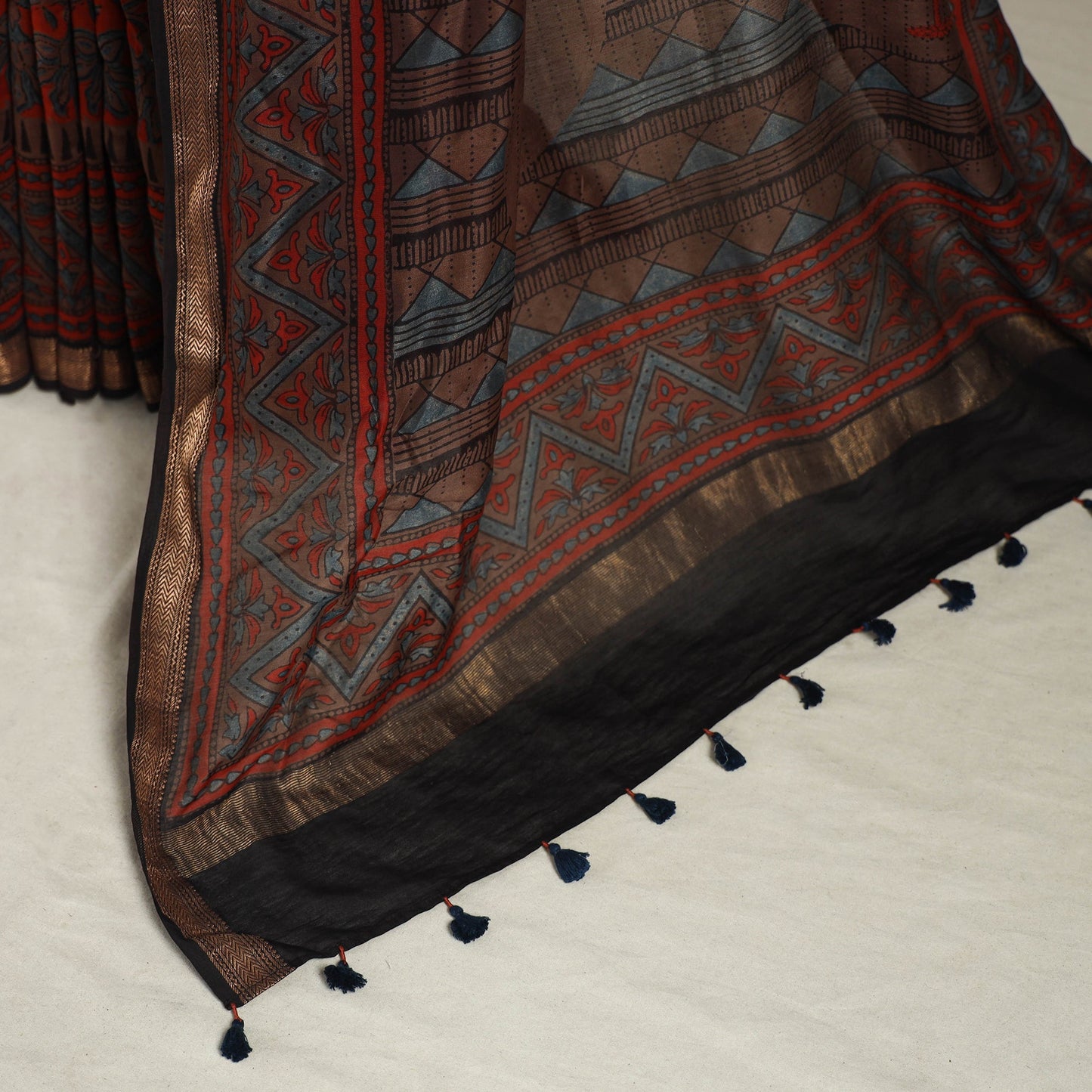 Chanderi Silk Natural Dyed Zari Border Ajrakh Print Saree