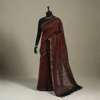 Chanderi Silk Natural Dyed Zari Border Ajrakh Print Saree