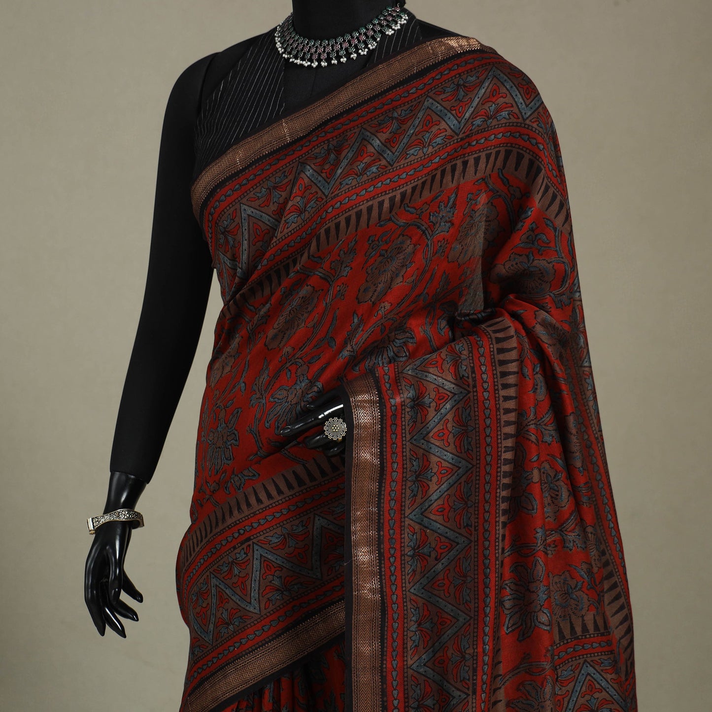 Chanderi Silk Natural Dyed Zari Border Ajrakh Print Saree