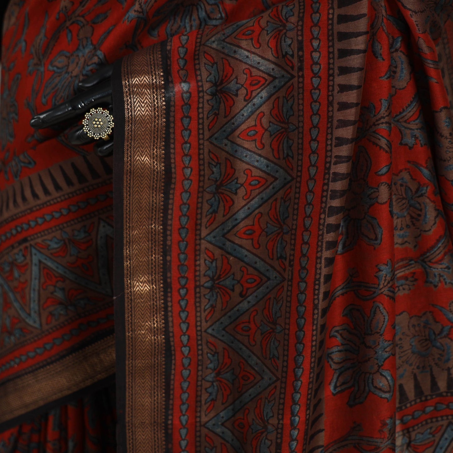 Chanderi Silk Natural Dyed Zari Border Ajrakh Print Saree