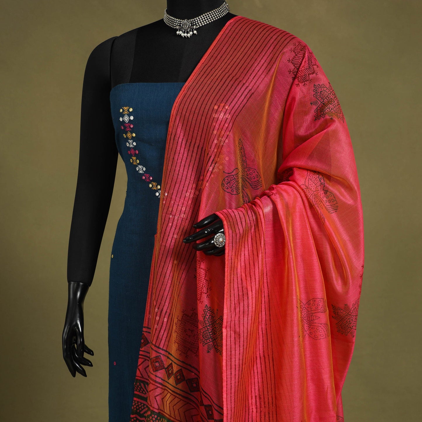 Red Block Print Chanderi Silk Sanganeri Floral Dupatta