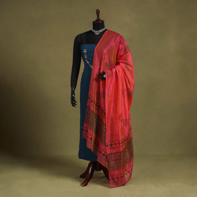 Red Block Print Chanderi Silk Sanganeri Floral Dupatta