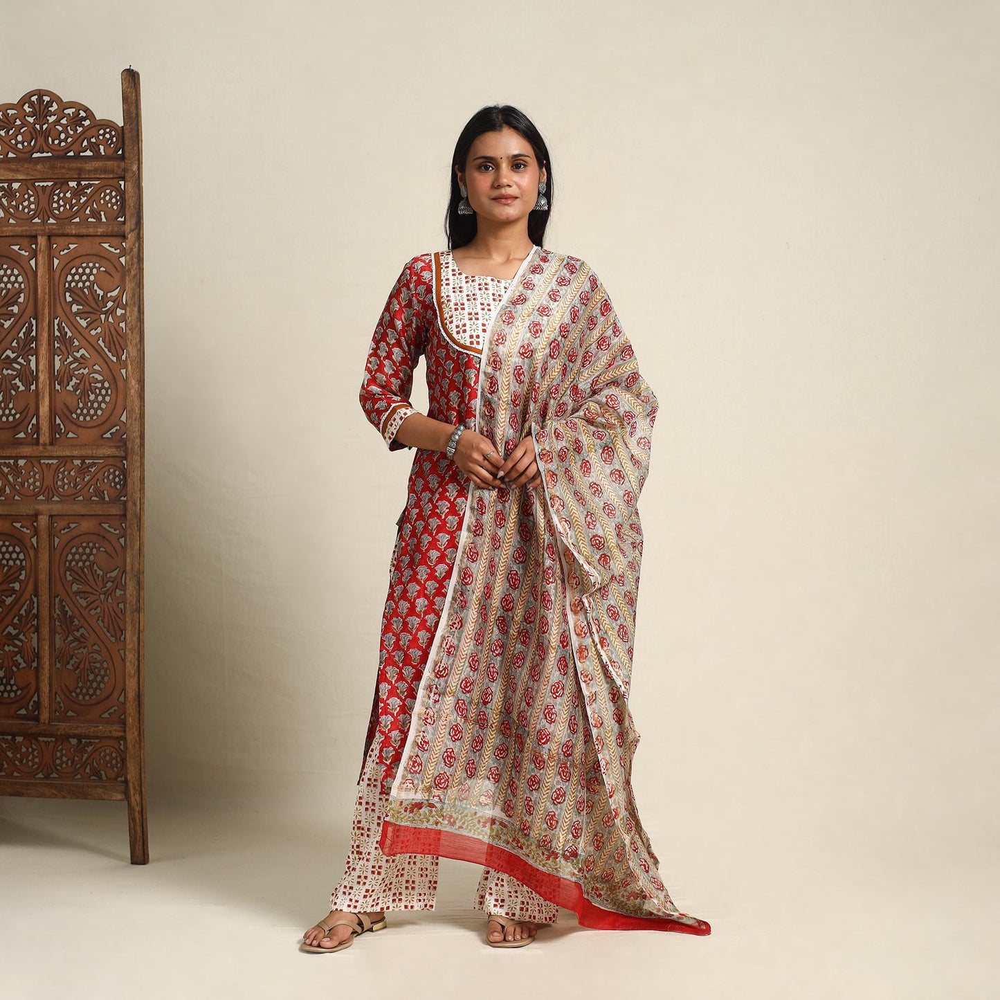  Red Block Print Chanderi Silk Sanganeri Kurta Set
