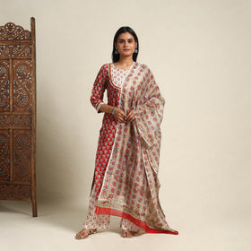  Red Block Print Chanderi Silk Sanganeri Kurta Set