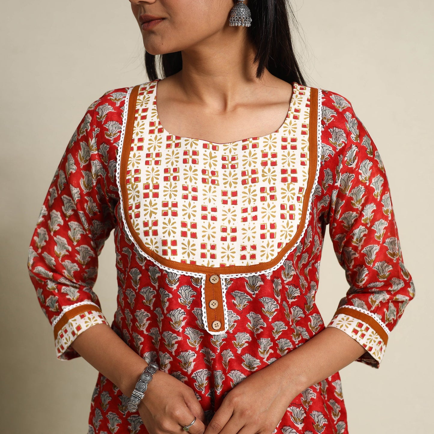  Red Block Print Chanderi Silk Sanganeri Kurta Set