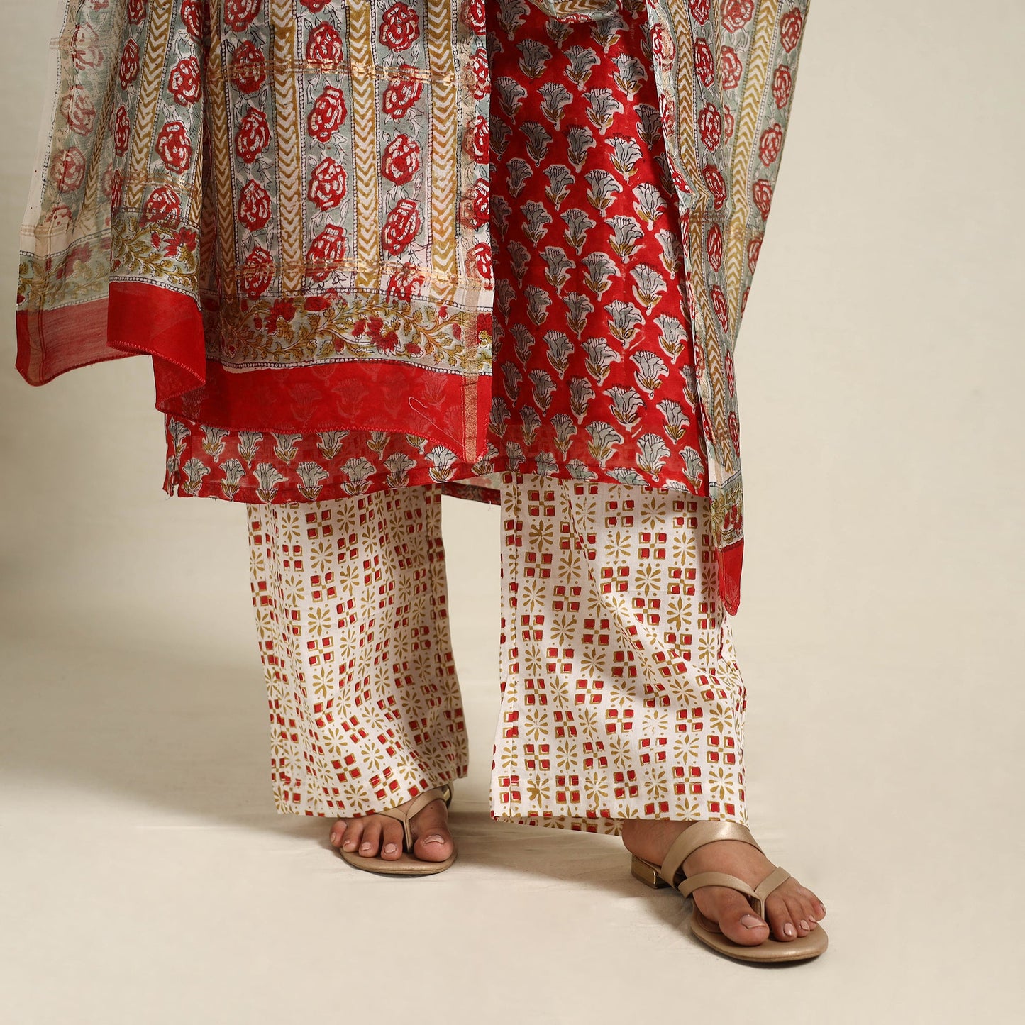  Red Block Print Chanderi Silk Sanganeri Kurta Set