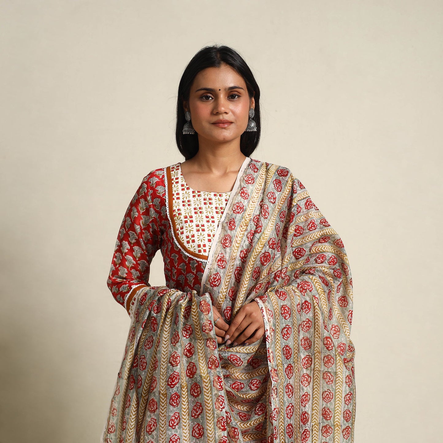  Red Block Print Chanderi Silk Sanganeri Kurta Set