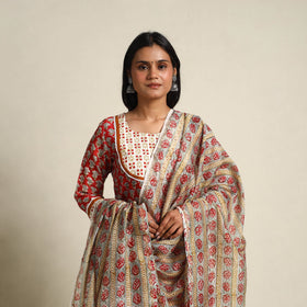  Red Block Print Chanderi Silk Sanganeri Kurta Set
