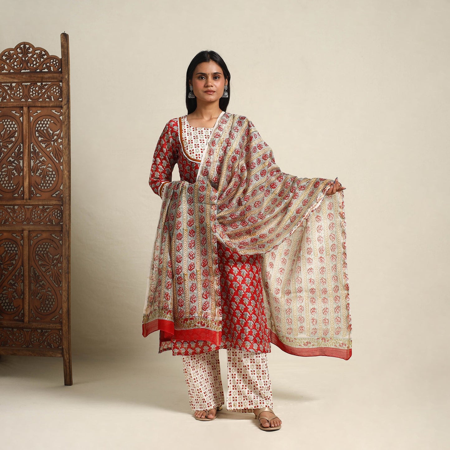  Red Block Print Chanderi Silk Sanganeri Kurta Set